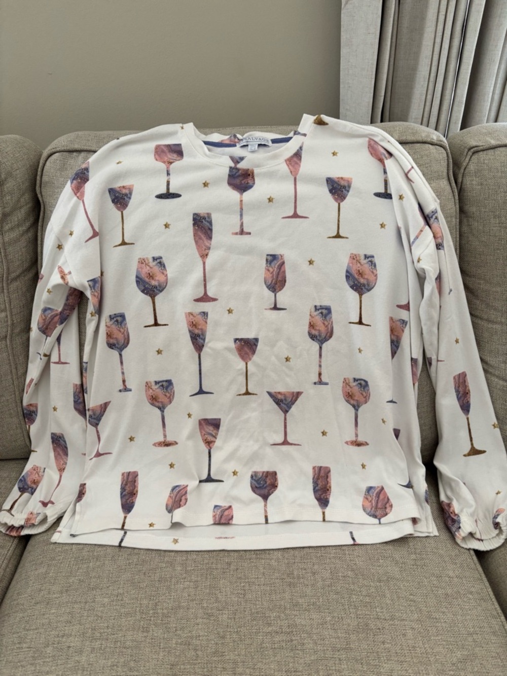 P.J. Salvage White Top with Pink, Blue and Gold Wine Glass Print